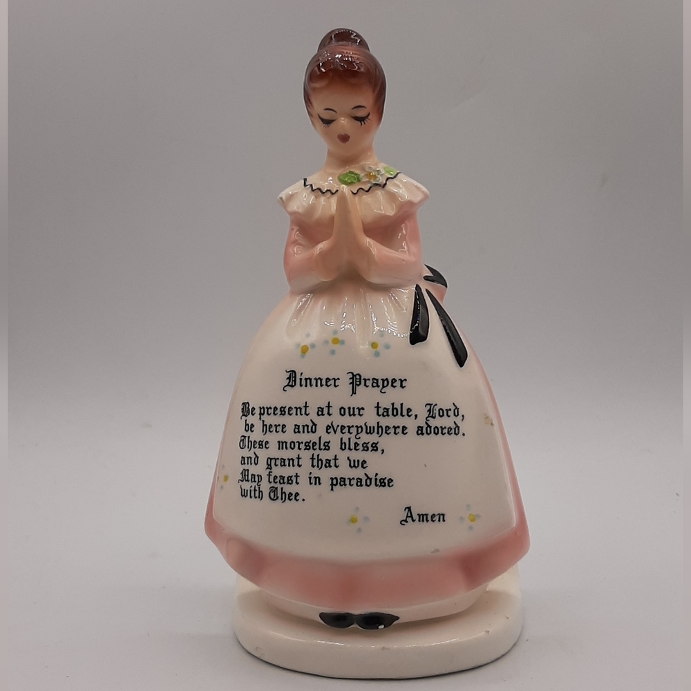 Vintage Enesco Pink Prayer Lady Napkin Holder Dinner Prayer Japan